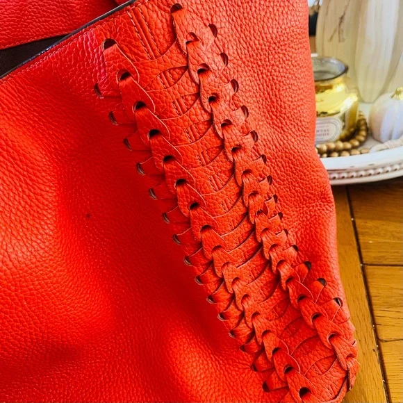 Henri BENDEL Orange Coral Leather Noho Novelty Gusset Large Braided Work Bag - Picture 14 of 16